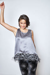 Top Agnès Soie et Plumes Gris