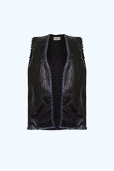 Gilet Cuir Vintage Brodé Noir