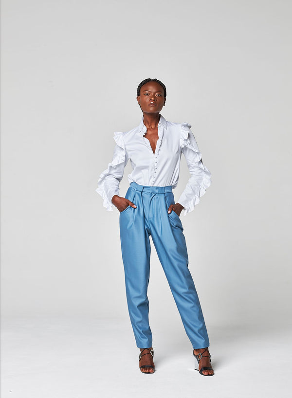 Pantalon Taille Haute à Pinces Winona Bleu