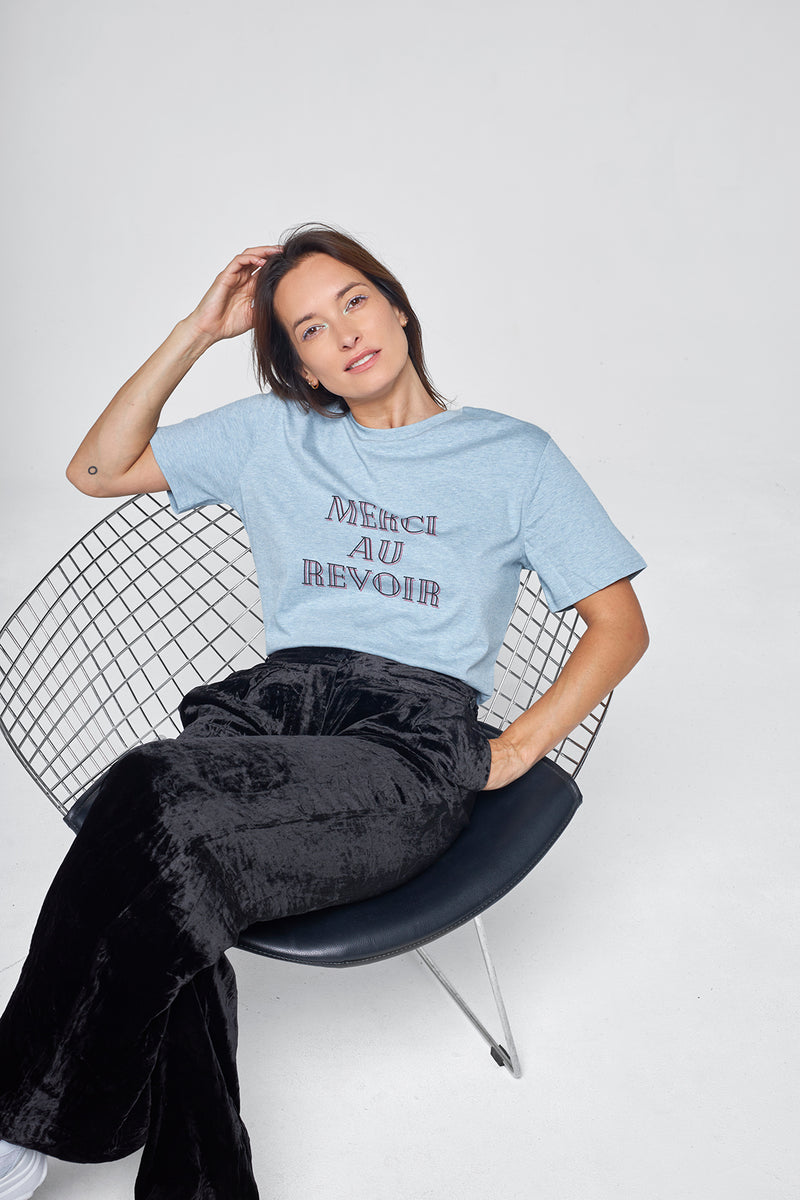 T-shirt Coton Biologique Merci Au Revoir Bleu Chiné